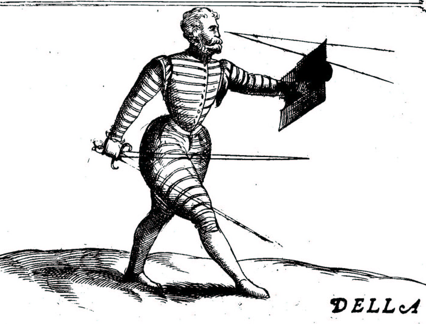 Duellist with rapier and square target showing the area he cannot see due to the target blocking his sight.